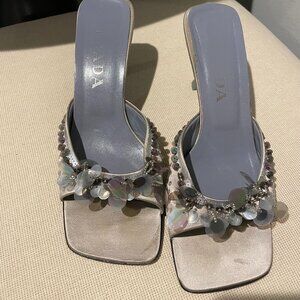 Prada 1998 Vintage Slides in Silver w/ Sequin Tassels
